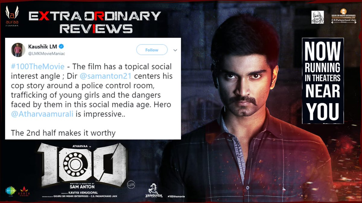 KollywoodScope's tweet photo. Tremendous Reviews From Critics For #100TheMovie 

#100Review 

@Atharvaamurali @ihansika @samanton21 @samcsmusic @iyogibabu @krishnanvasant @auraacinemas @cskishan  @AntonyLRuben @saregamasouth @DoneChannel1 @VanquishMedia__ https://t.co/Xxg5JxouKq