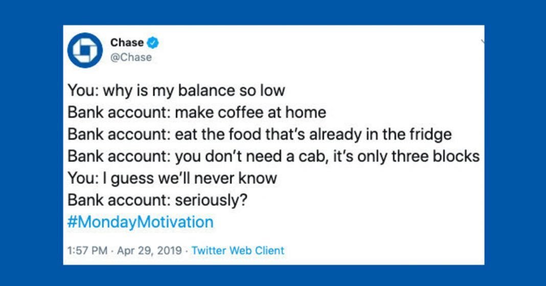 It’s a big part of what makes this Chase tweet so bad.It’s the idea that if you choose to have any expense beyond mere animalistic survival - an iced coffee, a cab after a 18hr shift on your feet - you deserve suffering, eviction, or skipped medicine. You don’t. Nobody does.