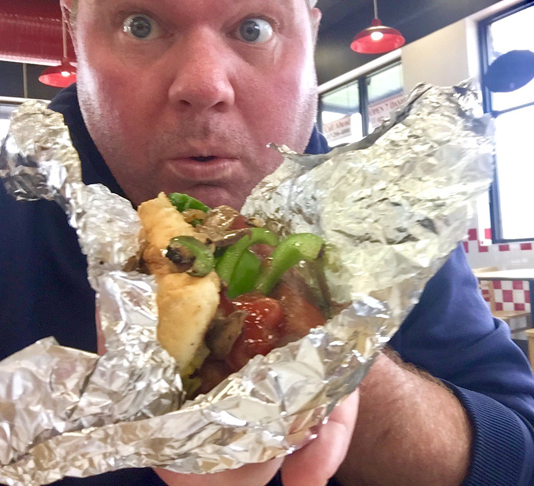 AncloudAndy's tweet image. My first @FiveGuys hot dog.  More toppings than I have Twitter characters.  Epic!