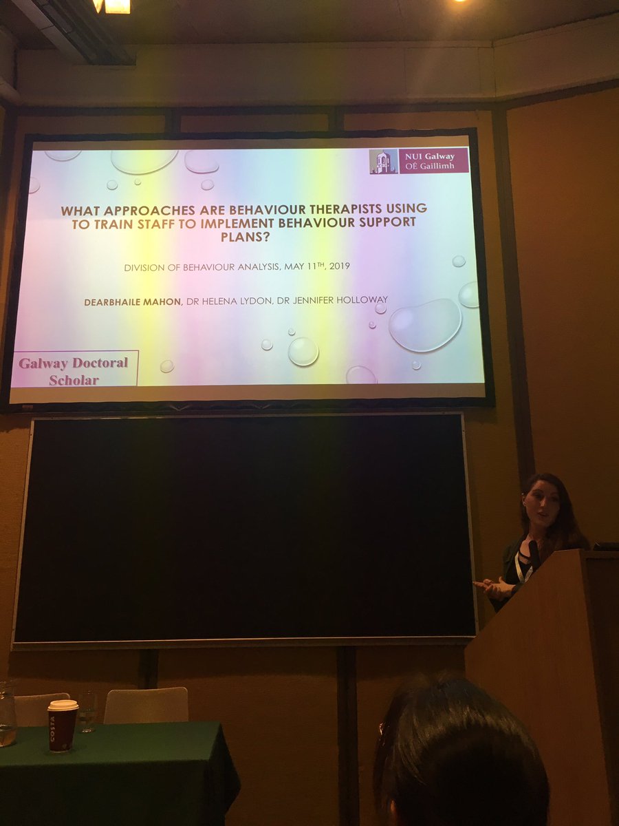 Ciara__Gunning's tweet photo. The lovely @MahonDearbhaile presenting some really interesting findings from her PhD research - surveying how behavior therapists are training staff across the UK and Ireland #DBA2019 https://t.co/Rr1yXn2Xdc