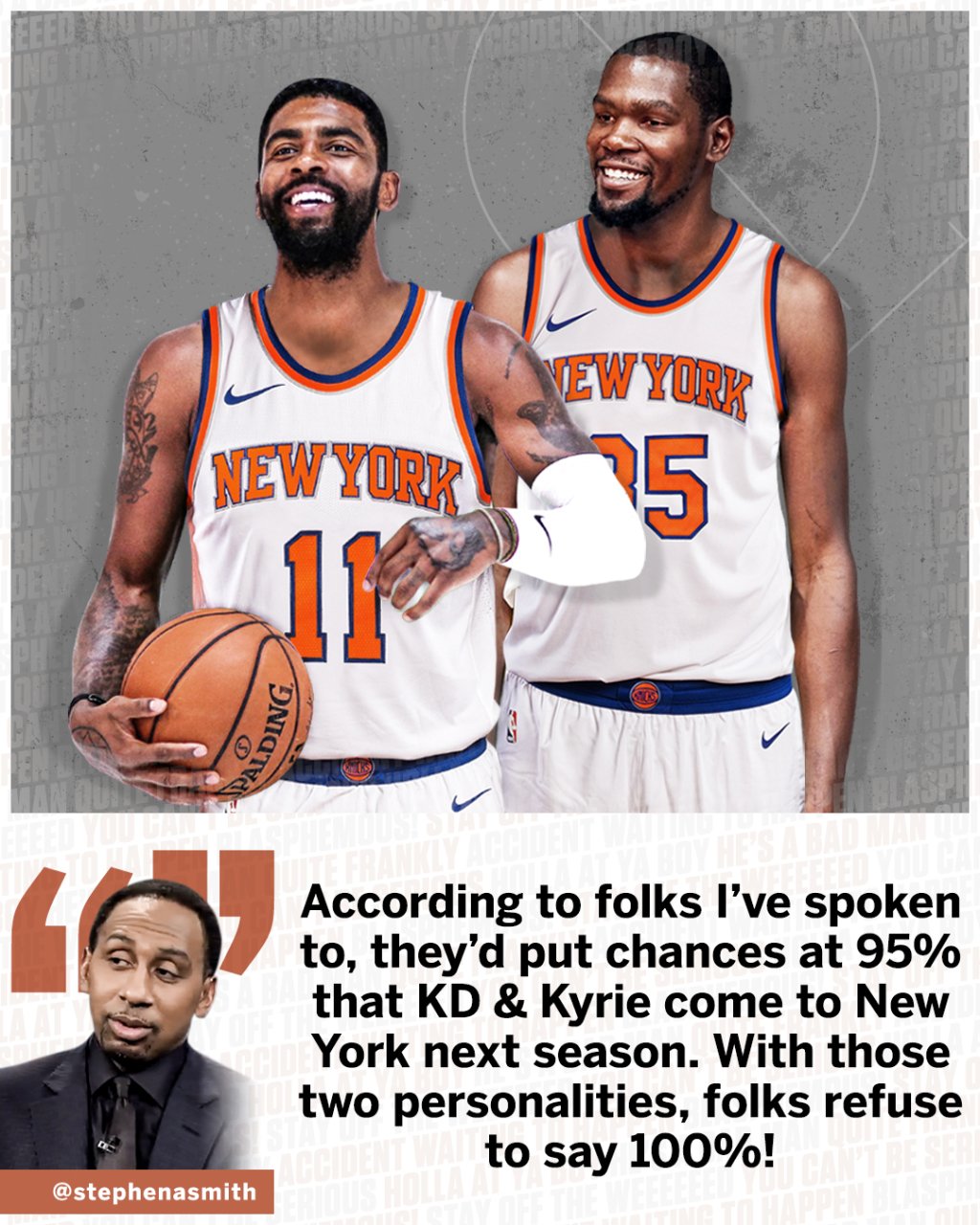 Stephen A Smith on X Yes. From everything I ve heard KD and Kyrie are planning on coming to New York. 95 Chance they say Only potential hiccup is KD changing his mind