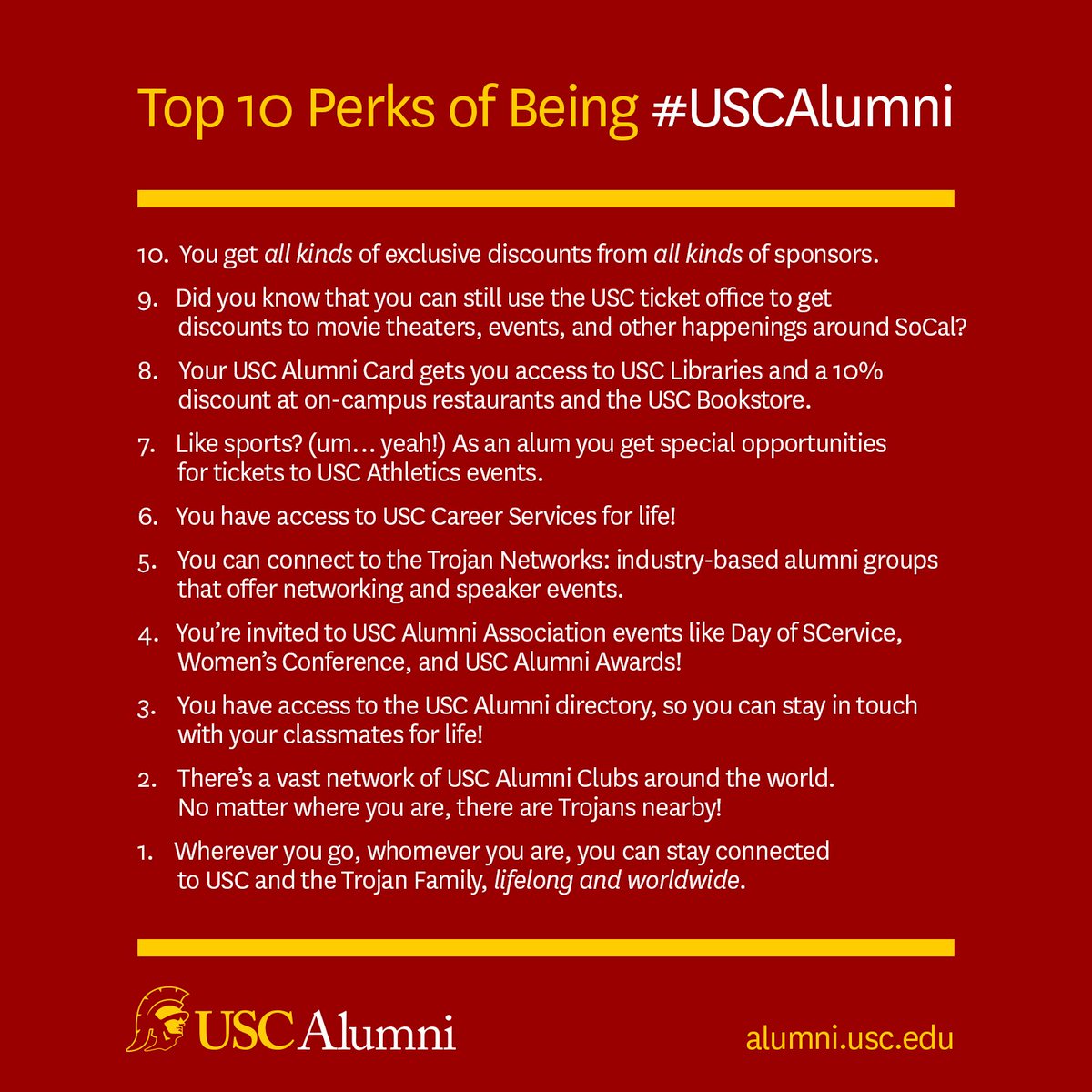USCAlumni's tweet photo. WOW! What an incredible few days. Whether you’re going on your first day as a #USCAlumni, celebrating your 50th Reunion or someplace in between, remember to take advantage of all of your awesome perks! Fight On! #USCGrad #TrojanFamily #FightOn @USC https://t.co/DL4OWbnZv9