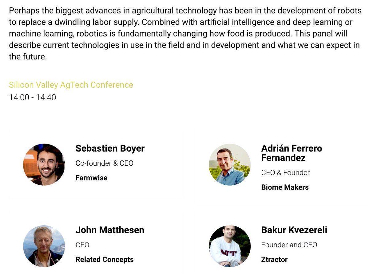 FarmWiseLabs's tweet photo. Join our CEO Sebastien Boyer on Monday at the Silicon Valley AgTech Conference. He will be discussing the state of automation in agriculture alongside @BakurKvezereli, @acedo_o and @JohnMatthesen #AI #farming #AgTechSV cc @AgTechSV https://t.co/yBg2EK78JG