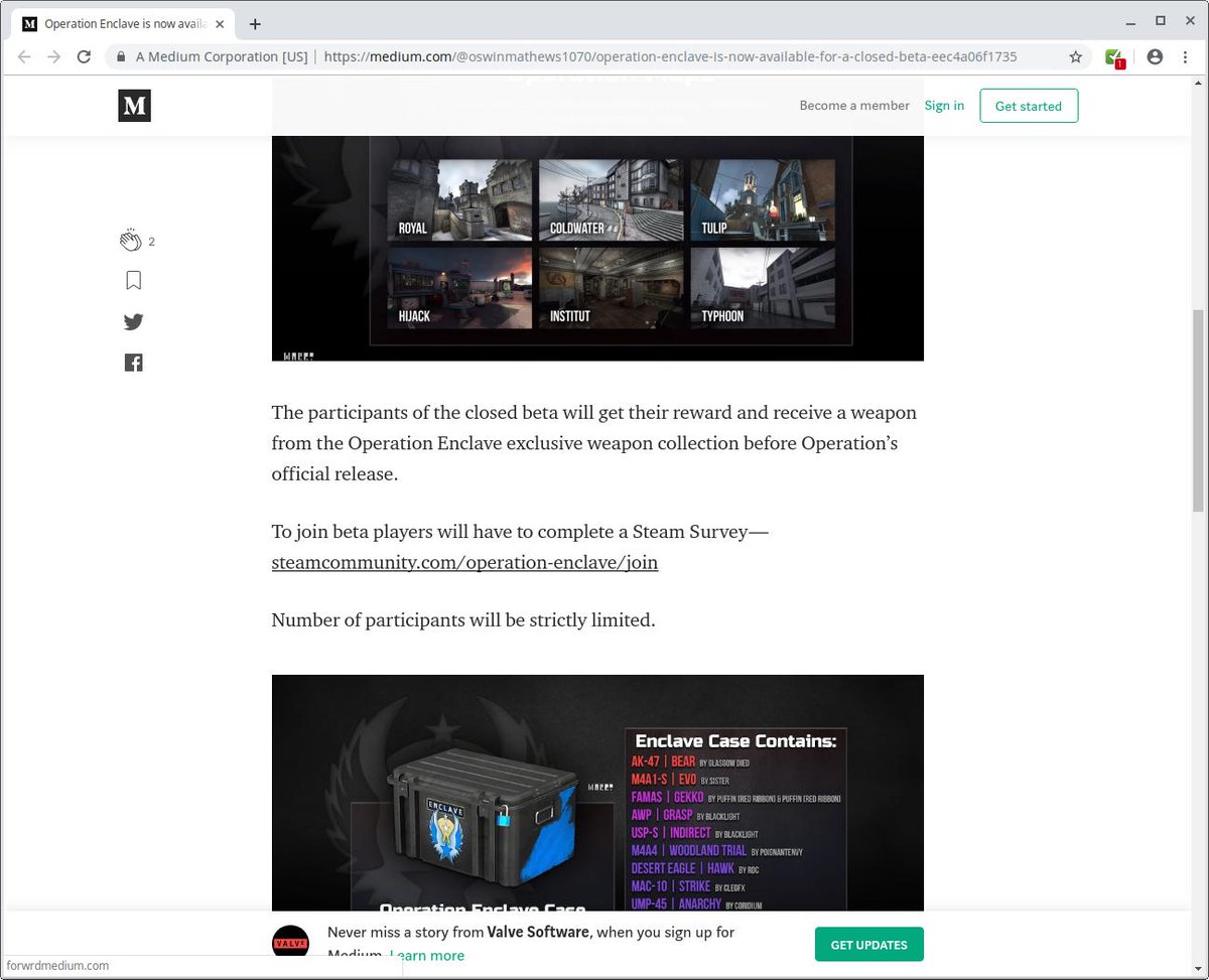 SteamRep's tweet image. PSA: There is no beta CSGO operation. The @Medium article about it is FAKE and has a PHISHING LINK. If you click the link, your account will be stolen.

Anyone can post Medium articles without aproval or moderation, and sadly they provide no way to report phishing links or scams.