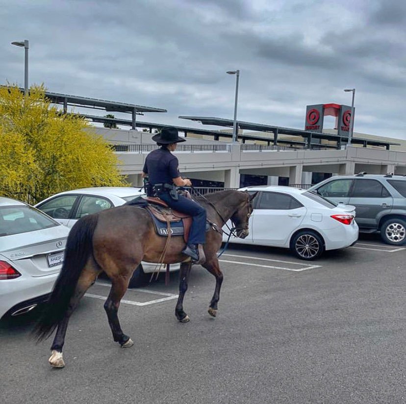LAPD Officer patrolling a mall parking lot on horseback
