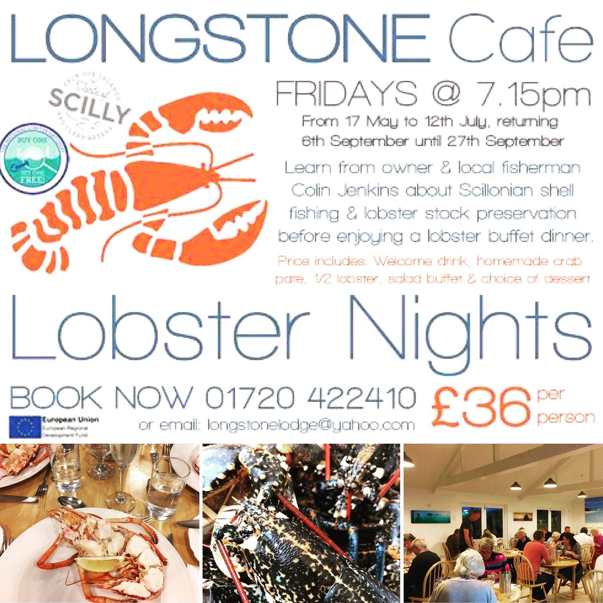 longstonelodge's tweet photo. Friday sees the start of our weekly Lobster Nights: entertaining talk about Scillonian fishing with welcome drink (Prosecco or @AlesofScilly) homemade crab pate, lobster salad buffet and choice of dessert #scilly #lobsterdinner #fishfriday #tasteofscilly #bosof #booknow #eatlocal https://t.co/Oiz7sSo2Bo