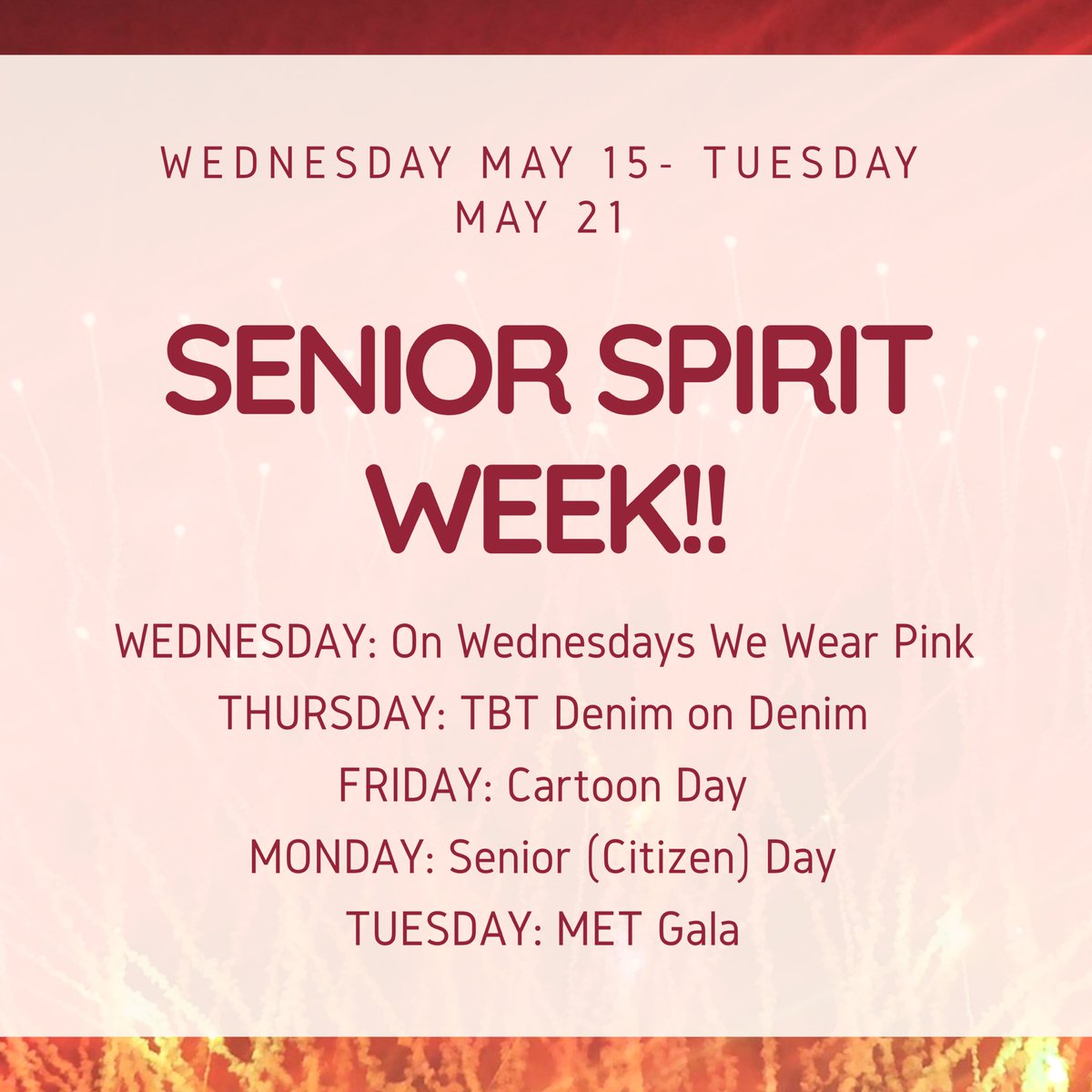 MoHSco2019's tweet photo. hey seniors, spirit week info is here!! it’ll start on wednesday and go until tuesday for our last five days of school!! https://t.co/wrI9w7JJh4