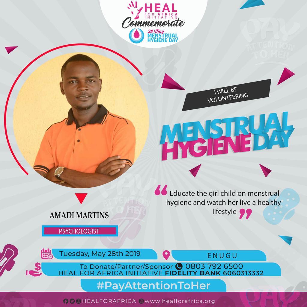 AmadiMartins's tweet photo. As a volunteer for @healforafrica, i am committed to lending my voice to the 
#PATHmenstrualHygiene cause. 

Menstrual hygiene education is key to ensuring good health and quality education for girls.

We must #PayAttentionToHer, Period!
@UNICEF https://t.co/ZWpjemgtLx