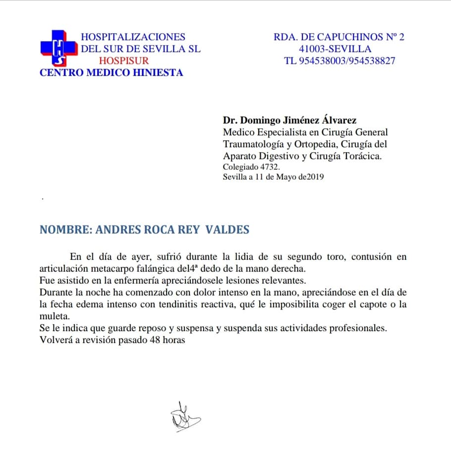 ÚLTIMA HORA el diestro Andrés <a href="/RocaRey/">Andrés Roca Rey</a> es baja mañana, por la lesión en la mano sufrida en Sevilla, en la corrida de San Pedro Regalado y lo sustituye (quién si no) el gran triunfador de la Feria de Sevilla <a href="/Pablo_Aguado/">Pablo Aguado</a> <a href="/portaltaurino/">Portal Taurino</a>
