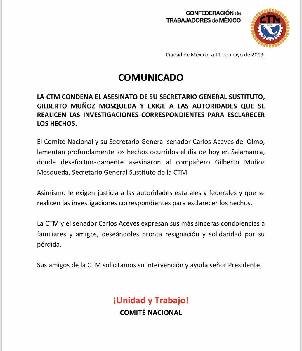 CTM_MX's tweet photo. La @CTM_MX condena enérgicamente el asesinato de nuestro compañero Secretario General Sustituto, Gilberto Muñoz Mosqueda y emite el siguiente comunicado: https://t.co/iiL8OKK2Nu