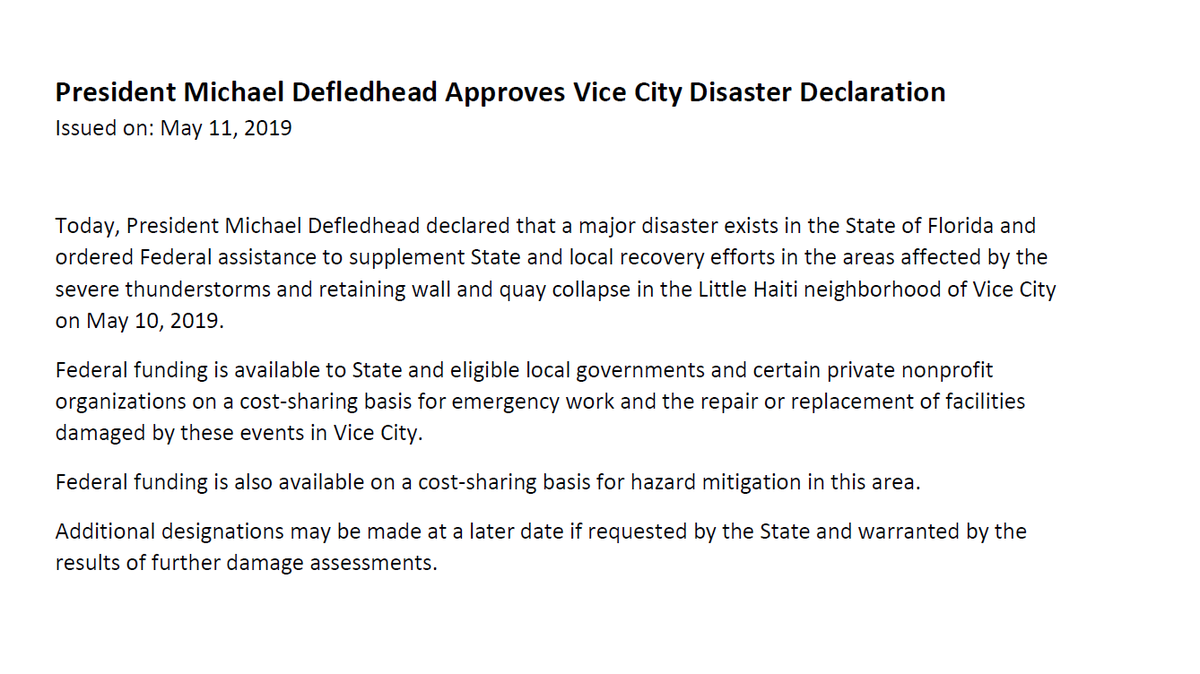 defledhead's tweet photo. I have issued a major disaster declaration for the storm damage in Vice City. https://t.co/R1rOu7MMxX