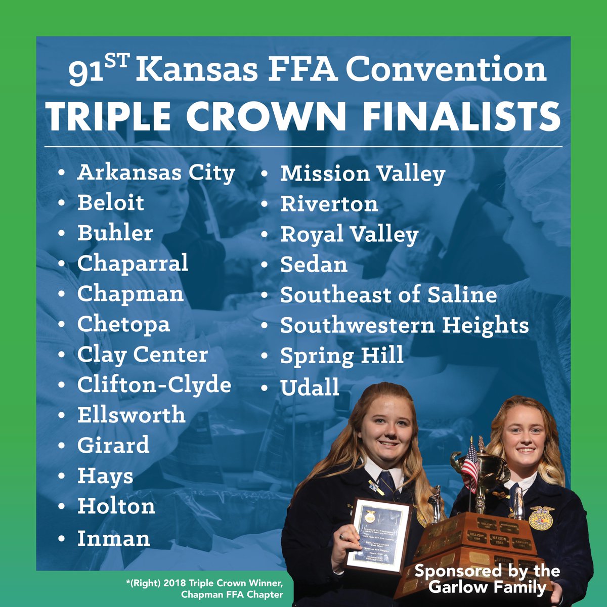 KansasFFA's tweet photo. 21 chapters have been named Triple Crown Finalists! These chapters have made a difference through Growing Leaders, Building Communities and Strengthening Agriculture. The Triple Crown will be awarded at Session 7 of State Convention! #ksffa #justoneksffa https://t.co/zNlUmhi73w