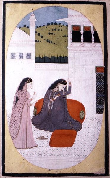 7. Proshitabhsrtruka Nayika (One with a Sojourning Husband)The  #Nayika's husband has gone away for some work and has failed to arrive home on the appointed day. The mourning  #Nayika refuses to be consoled by her maids.From  @brooklynmuseum c1800 AD.