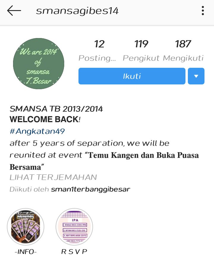 Hallohaiii sobat smanamania. Mimin mo ngasi tau nih sambungan berita kemarin yg bukber angkatan 49 itu. Kalian bisa pc ke kontak yg tertera ya sekalian follow ignya biar ndak ketinggalan info terupdate🤗