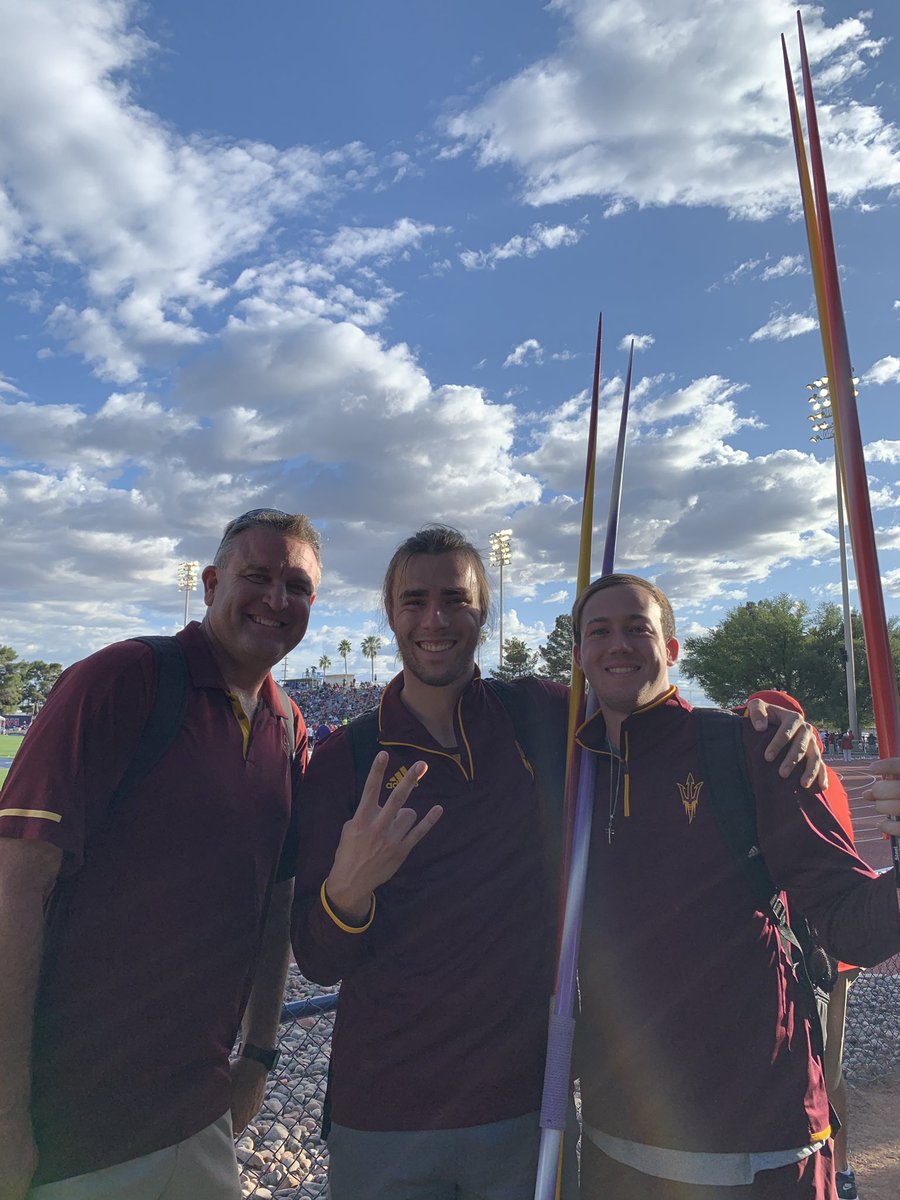 All smiles here. Coach Blu and our javelin throwers. Great job Connery and Carlan! First time at PAC12 Conference Champs! #GoDevils #ForksUp