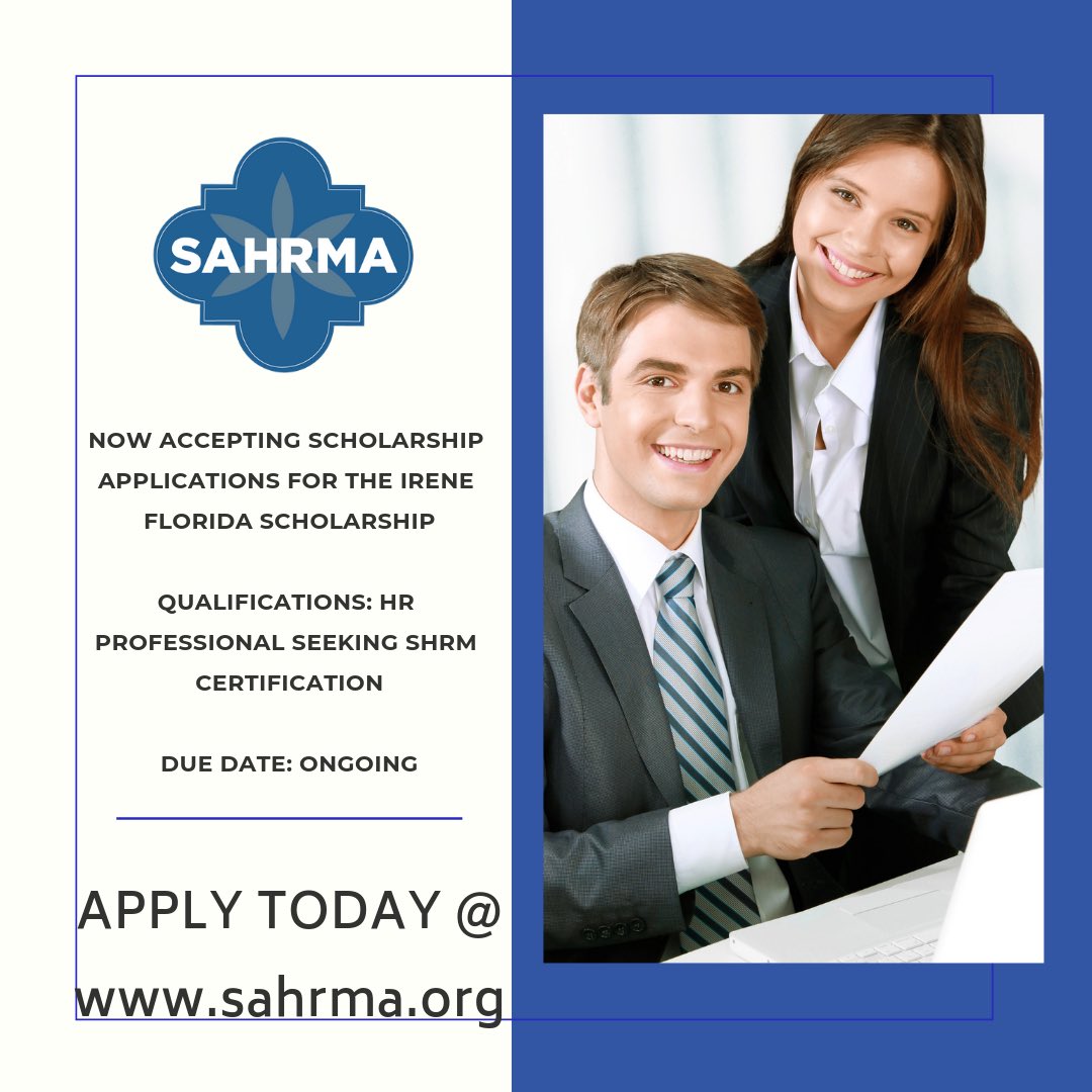 SHRM_SanAntonio's tweet photo. Are you contemplating your next steps to achieving your certification? #Connect with #SAHRMA and apply to our Irene Florida Scholarship today: https://t.co/byJ64WlviQ #LearnConnectServe https://t.co/NADs2pmvKR