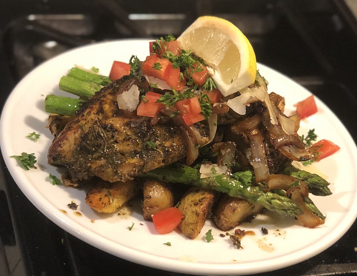 Chef Doug’s “Pesto Crusted Chicken w/Parmesan Roasted Potatoes & Roasted Asparagus!”  Tonight’s Dinner.  #chefdoug #pestochicken #nolachef