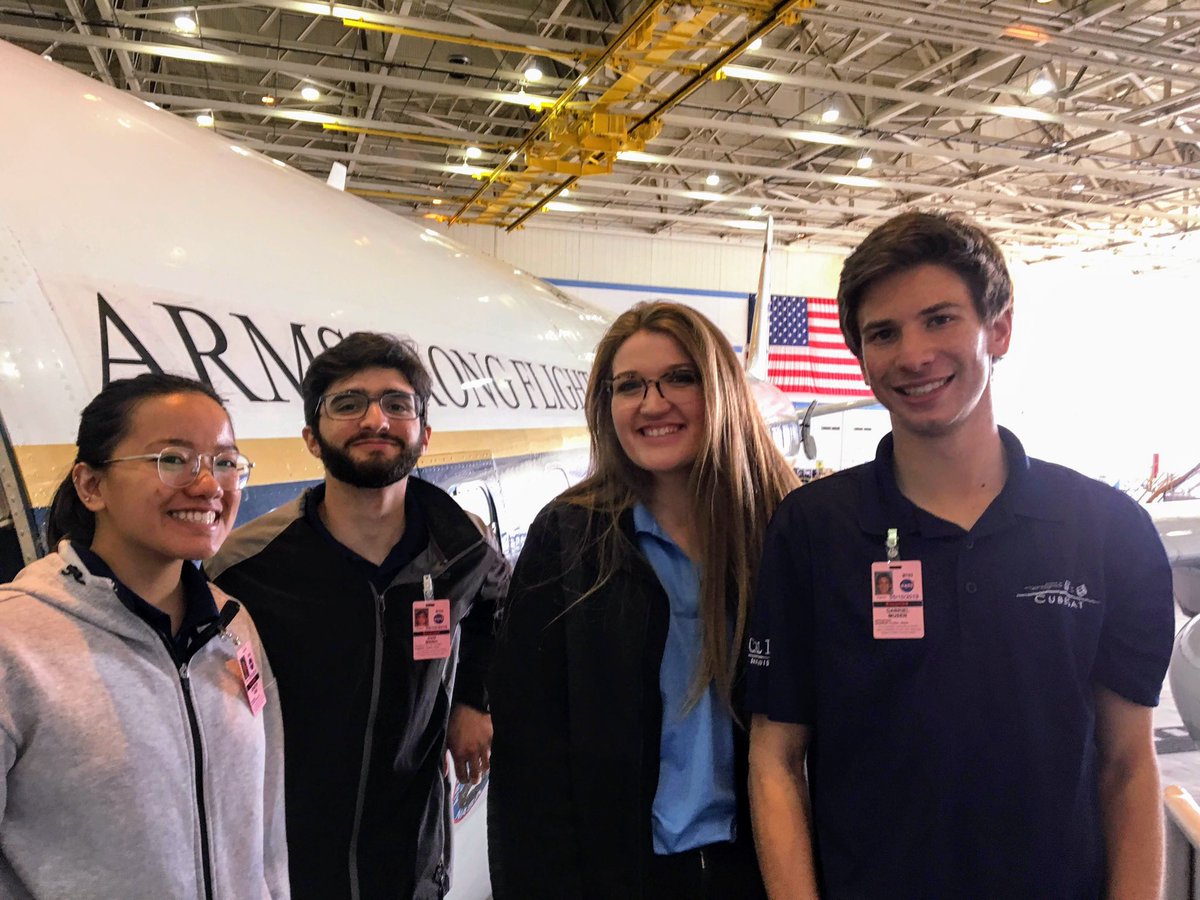 PolySat's tweet photo. Yesterday, the PolySat #XCube team travelled to the #NASA Armstrong Flight Research Center for the XCube Preliminary Design Review and got to tour some of their aircrafts in the Airborne Science Program ✈️  #PolySat #CubeSat https://t.co/dUQIvm7VWo