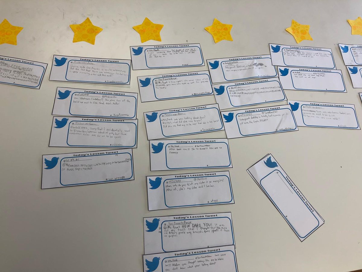 My students tweet as the residents of the Secret Annexe tweeting about their experiences after one year. 
#perspectivetaking #thediaryofannefrank #tweettweet #humanities #CMS2018 #InquiryMindset