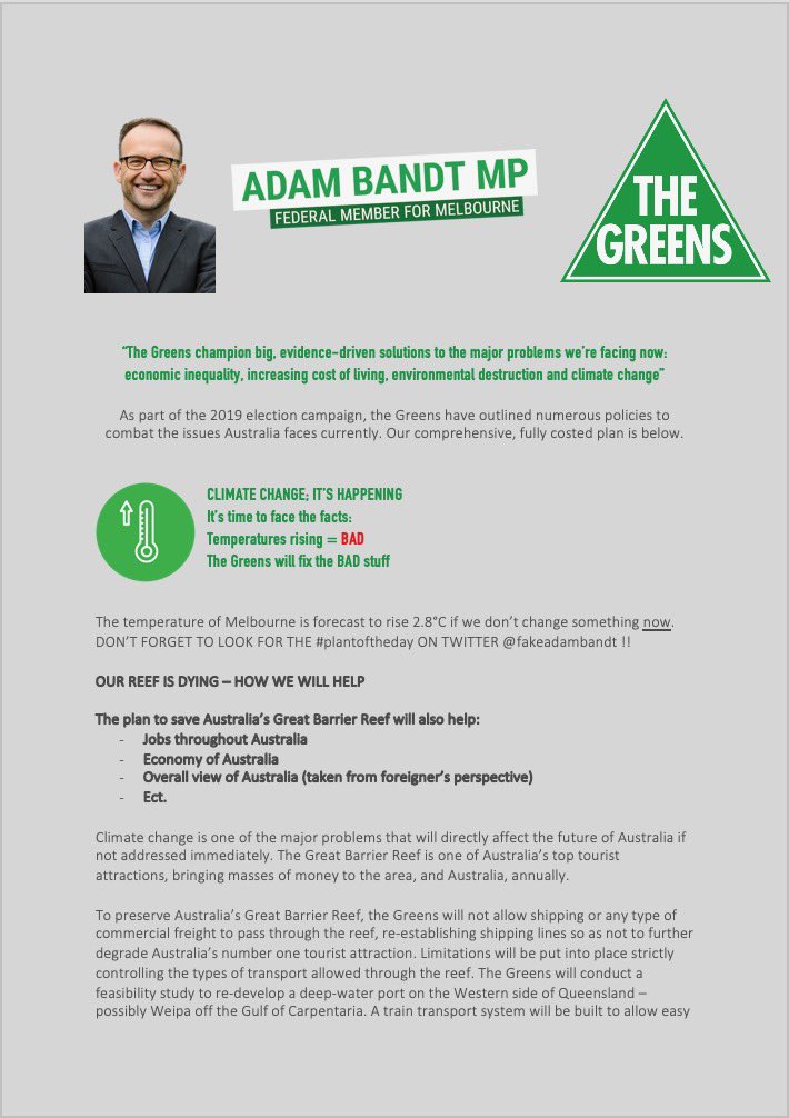 fakeadambandt's tweet photo. Just a few of our policies as we near the election!! #gettingexciting #votegreens https://t.co/KgCMe0VWT3