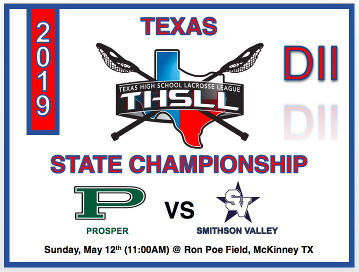 Back to the Texas Finals... <a href="/ProsperHighLax/">PHS Lacrosse</a> vs <a href="/smithsonlax/">Smithson Valley Lax</a> for all the marbles tomorrow at 11:00AM.  Please come out to the game at Ron Poe Stadium or join us at <a href="/ProsperHS/">Prosper High School</a> for our team send off at 8:30AM.