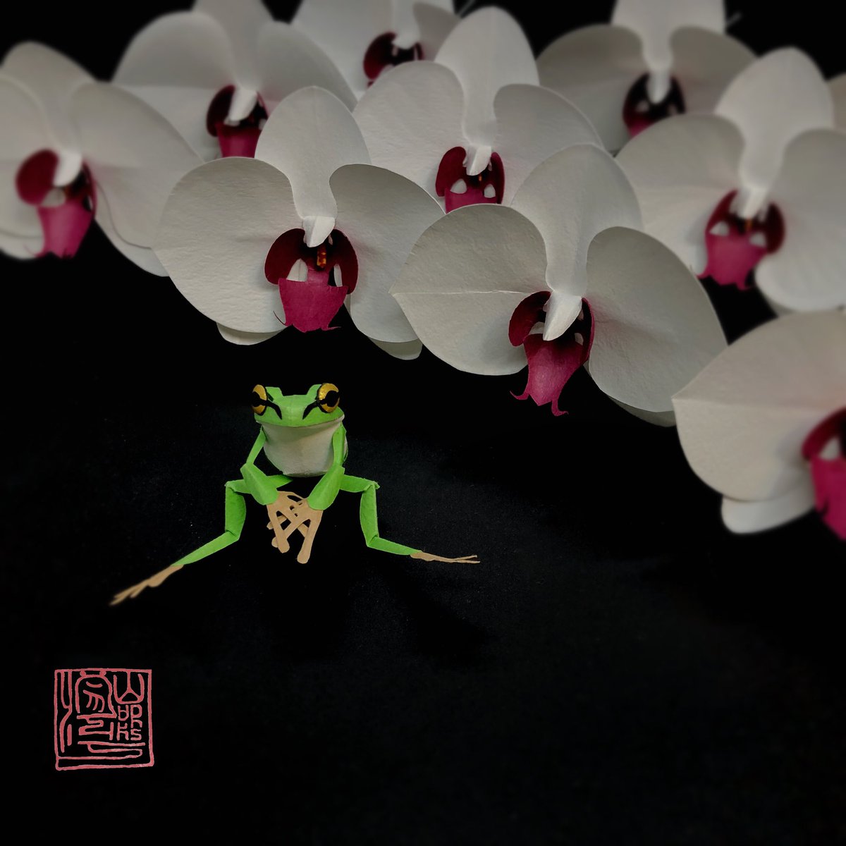 ヤムシスワークス オーダー制作中 Twitterissa 続 紙の胡蝶蘭を作っています 贈り物のような整った花列ではなく野生っぽくしたいんだけど 茎のカーブ 難しい カエルが主役ですwwwこれから合わせる T Co 01mmluivit Twitter