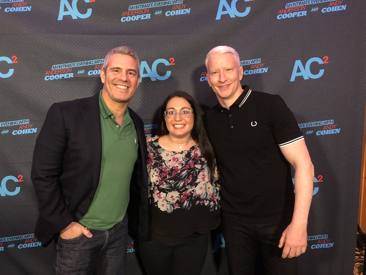 ShannonStern's tweet photo. Great meeting you both tonight, @Andy and @andersoncooper! The new show is awesome! Fantastic stories and didn’t want the night to end! @ac2live #AC2Live https://t.co/YdBEuPmoYQ