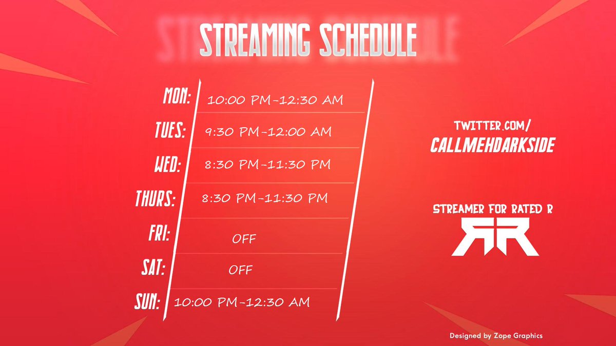 DarksideFPSx's tweet image. Streaming Schedule for this week!!

YES! I finally got a Stream Schedule GFX thanks to my man @ZopeGraphics 

@Rated_R_esports @pegasusapparelx @PowerA @glassyeyewear
