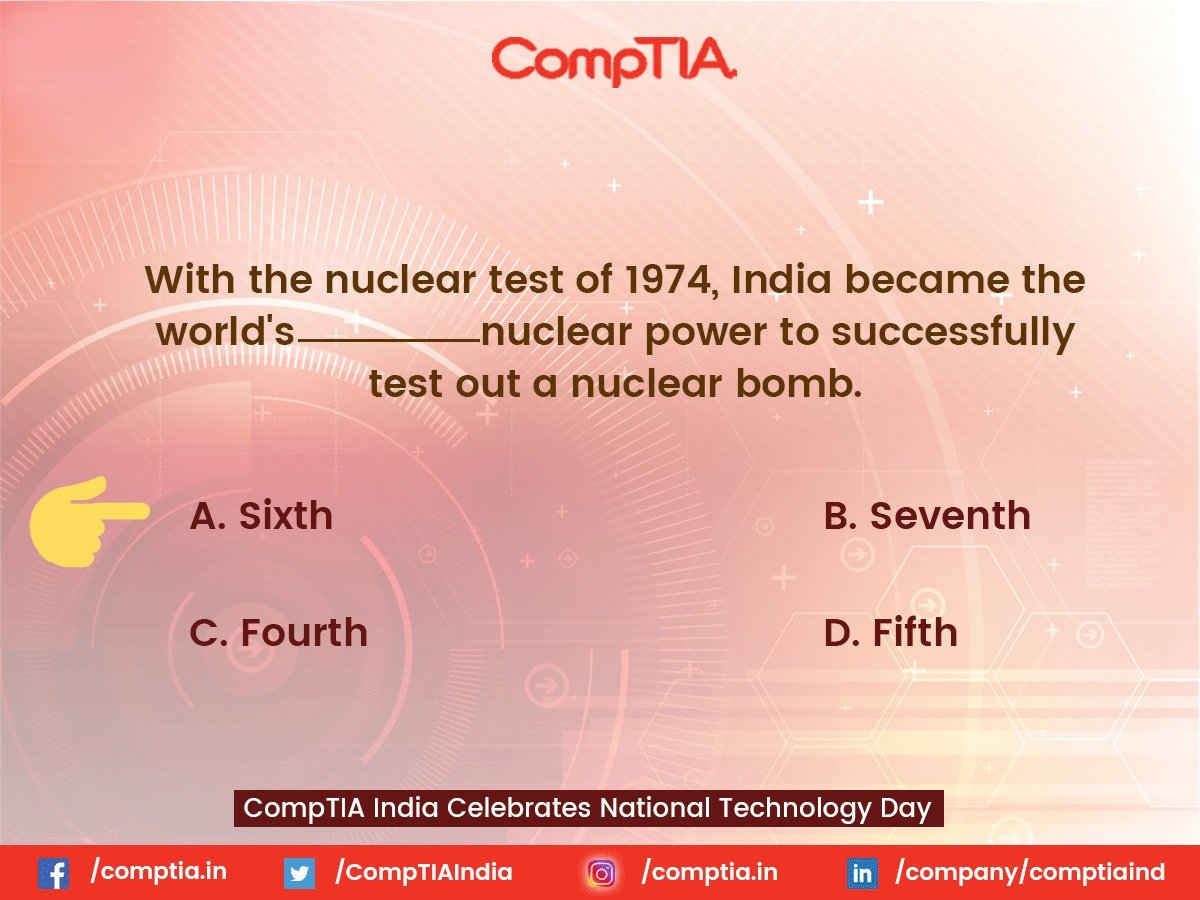 harshj5765's tweet image. Ans3). A) Sixth. 
#NationalTechnologyDay #CompTIAIndia #Contest @CompTIAIndia 

Join In 
@NishantJain_88 @JainShantilal12 @Dazzlingcutie1 @LinaBohara09 @baberiya91 @salonijini08 @Shripal_Bohara @nayana_jain @DhwaniJ66927736 @Dishant247 @Mayank_jain_mk