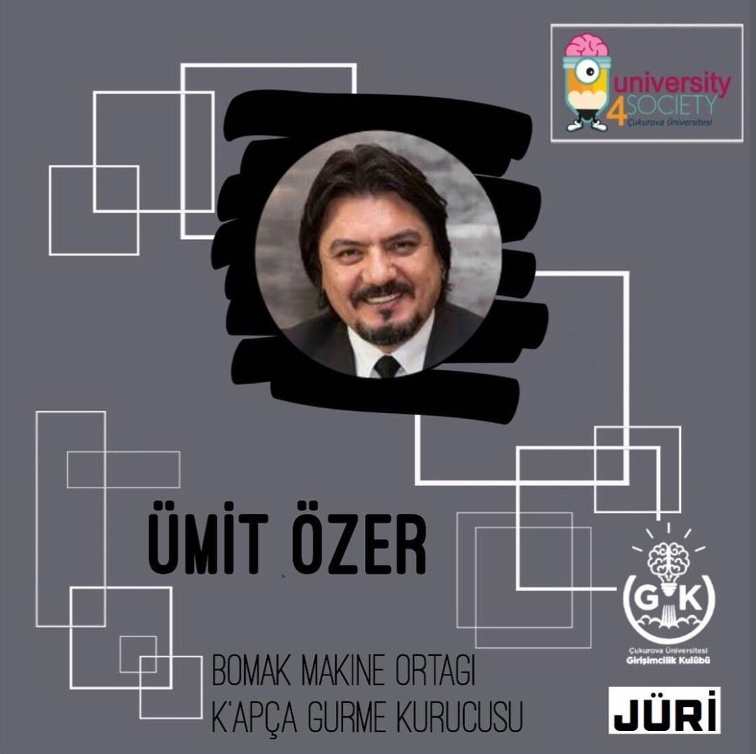 cugirisimcilik's tweet photo. Ümit Özer, University4Society'19 etkinliğine jürimiz olarak katılacaktır. #university4society #entrepreneurs #startup #bugençlikteişvar #çukurovaünivesitesi https://t.co/9pNhB7BYwU