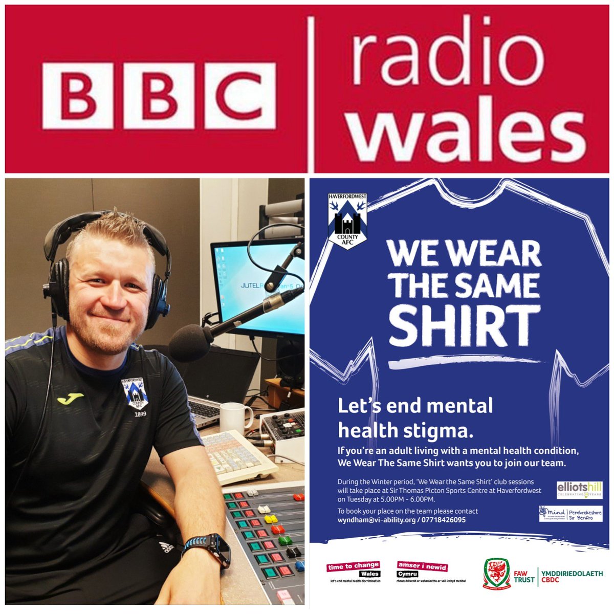 Today Wyndham William's will be on <a href="/BBCRadioWales/">BBC Radio Wales</a> on the Roy Noble afternoon show talking about the  successful  @FAWTrust  We Wear The Same Shirt Mental health football programme at <a href="/HaverfordwestFC/">Haverfordwest County AFC 🏴󠁧󠁢󠁷󠁬󠁳󠁿</a>
 #itsgoodtotalk #morethanaclub ⚽️🔵
<a href="/FAI_MTAC/">More Than A Club</a> 
<a href="/Vi/">why can't my name be blank =(</a>-Ability 
@FDMWestwales