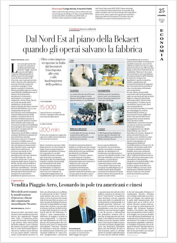 I #workersbuyout sono sempre di più: anche gli ex operai della fabbrica #Bekaert in Valdarno hanno chiesto a #Legacooptoscana di verificare la fattibilità di un progetto di #cooperativa tra lavoratori. Ce lo racconta Marco Patucchi su <a href="/repubblica/">Repubblica</a> di oggi⬇