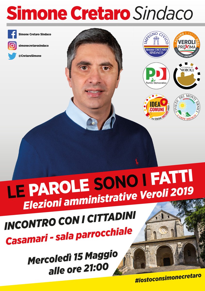 CretaroSimone's tweet photo. Proseguono gli incontri con i nostri concittadini,
Mercoledì 15 Maggio alle ore 21:00 saremo a Casamari presso la sala parrocchiale.
 #leparolesonoifatti #veroli2019
 #simonecretarosindaco #amministrativeveroli2019
 #iostoconsimonecretaro https://t.co/fPYMm9y4im