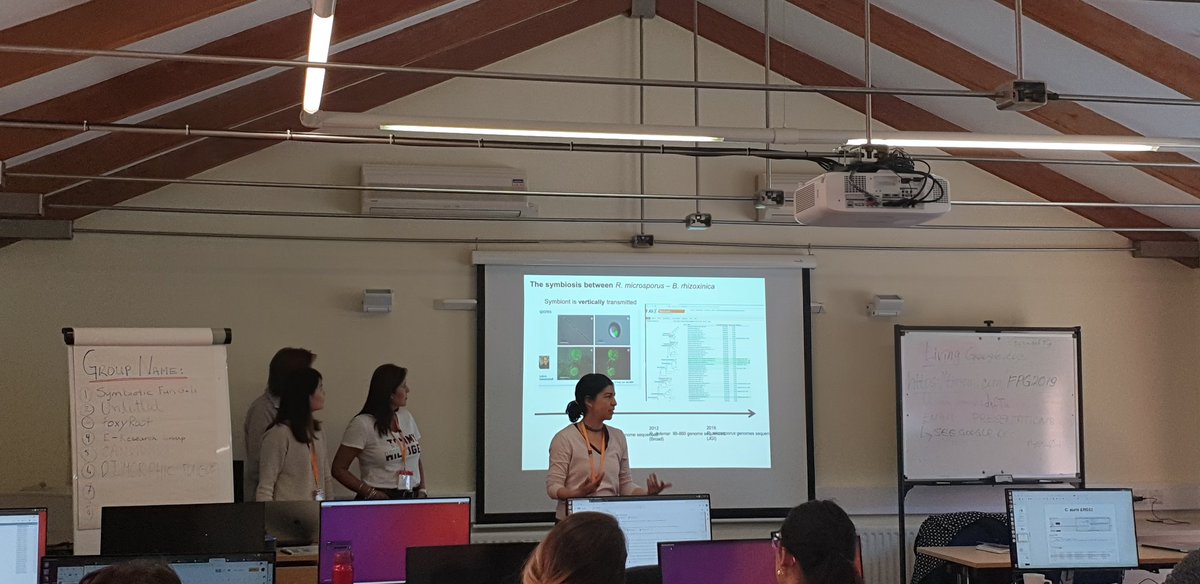 Group presentations kick off with an exploration of symbiotic relationships between fungi and bacteria! <a href="/ensemblgenomes/">Ensembl Genomes</a> <a href="/yeastgenome/">SGD Project @yeastgenome@genomic.social (bsky too)</a> <a href="/fungidb/">FungiDB</a> <a href="/PomBase/">S. pombe model organism knowledgebase</a> <a href="/jgi/">Joint Genome Institute</a> #FPG2019