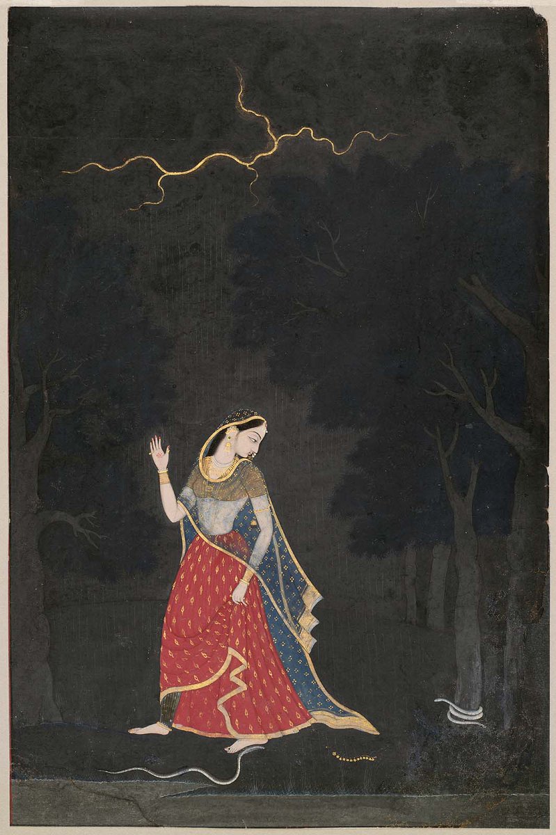 8. Abhisarika Nayika (One Going to meet her Lover)Setting aside her modesty, defying all odds like lightning, snakes & dangers of the forrest, this  #Nayika is often portrayed in a hurry towards her destination.By  #MolaRam, c1800  #Pahari painting from  #Nurpur, now in  @mfaboston