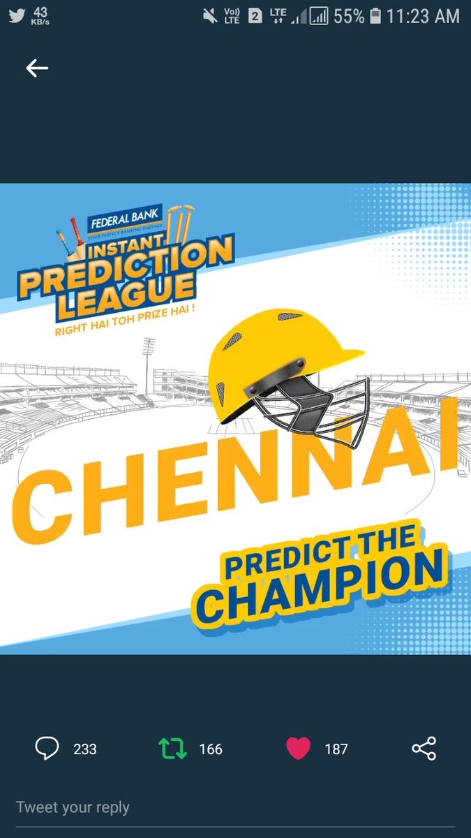 Sandeep13_'s tweet photo. @FederalBankLtd Chennai Super Kings(CSK) will win
#InstantPredictionLeague #FederalBankLtd @FederalBankLtd
Join friends
@ranchikuldeep
@ICentillionaire
@Singh3315V
@Rain_Man25
@sameerghazi11
@Rajeesh077
@kapil_vinayak_
@harsh_d98 https://t.co/KpqssCqTWf