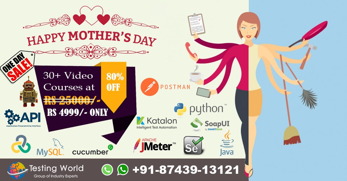 world_testing's tweet image. Dear Mom, you are doing a great job. Words are not enough to thank you for all you do. Testing World wishes a Very Happy #MothersDay to all the mothers across the world. 
Get 30+ #AutomationTesting Video Courses only at 4999/- INR.  Call or WhatsApp now at +91-87439-13121