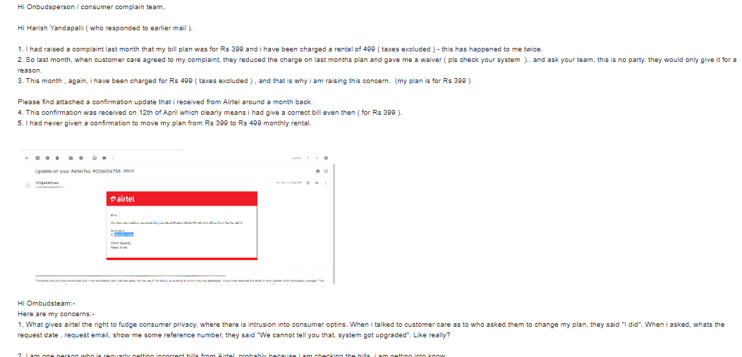 complexneuron's tweet photo. @airtelindia 
#fudging of customer data #false information 
#incorrect bills #pathetic customerservice 

@jagograhakjago team - airtel has continuously been sending me overcharged bills. Their system shows that they gave me waiver last time when i complained. . Pls suggest tools. https://t.co/Mv8nZ5uVfy