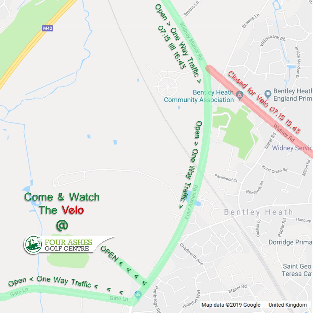 FourAshesGolf's tweet photo. Road closures are starting to be put in place now across Solihull and Birmingham! Here's our map showing you how to get us and how to leave too. It's a simple one way system accessed via Widney Manor Road #velobirmingham #roadclosures #roadaccess https://t.co/7N8krS7EAP