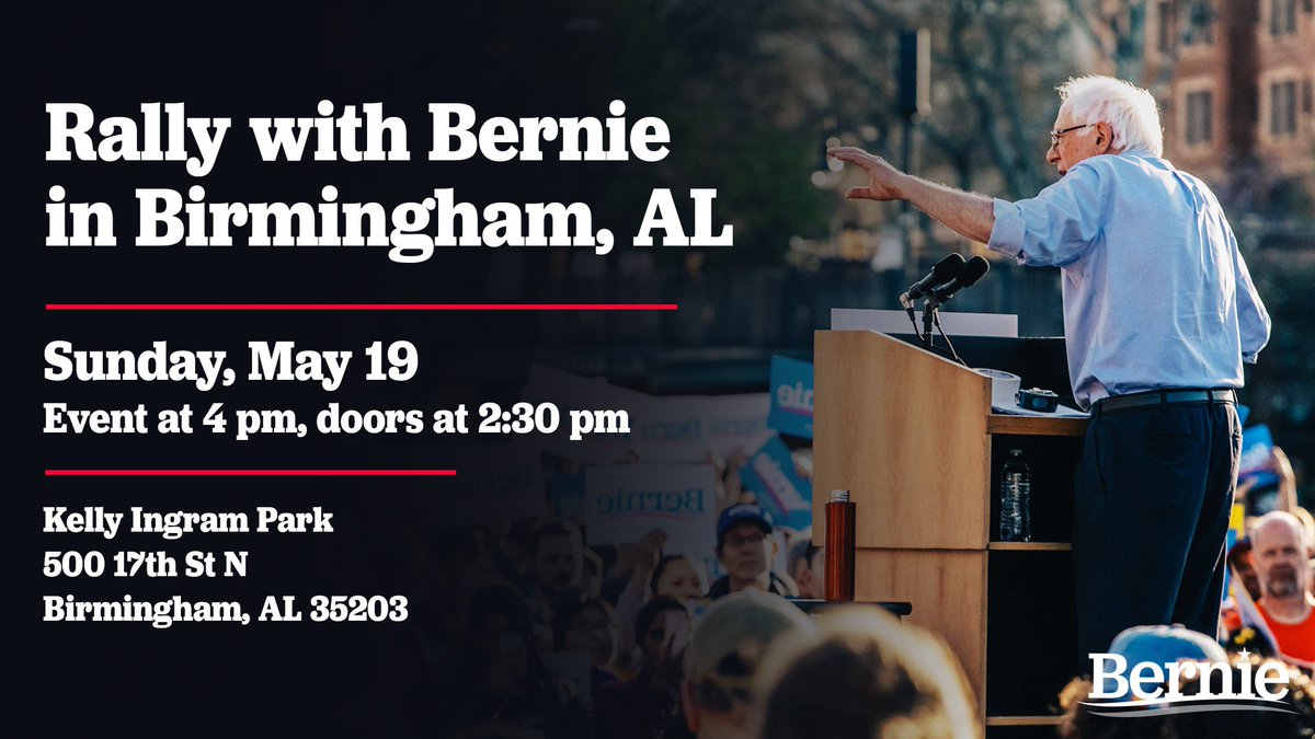 OFB2020's tweet photo. Date: Sunday, May 19, 2019
Time: Doors open 2:30 pm - event starts at 4 pm
#BernieInAlabama
Kelly Ingram Park 
500 17th St N
Birmingham, AL 35203 

RSVP HERE: https://t.co/CGgGRsMlS5 https://t.co/0zvtOJARuh