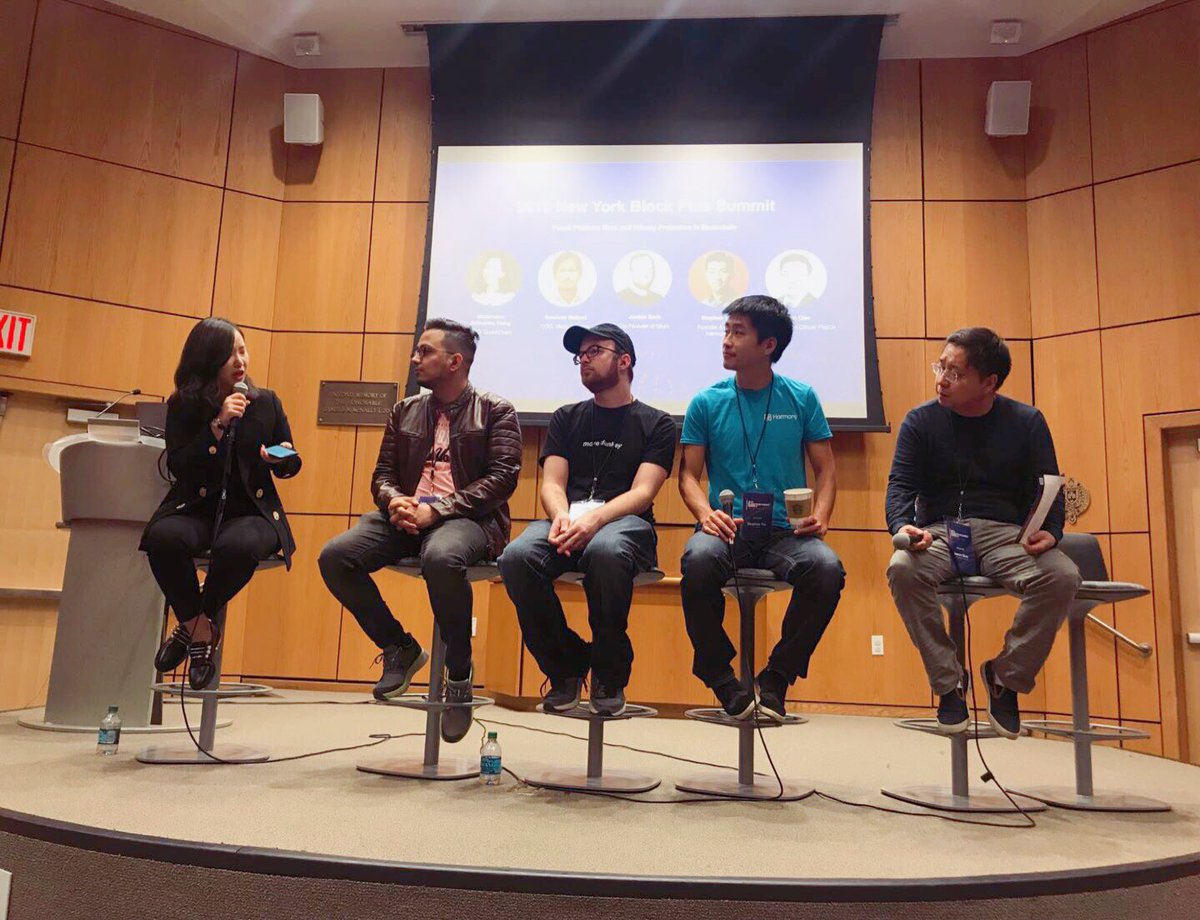 Quark_Chain's tweet photo. First Day in #NYBlockchainWeek                 #QuarkChain CMO @Anthuring was invited to attend Block Plus Summit. She moderated panel discussion: Platform Wars and Privacy. It’s a great time with @earlzdotnet @sandeepnailwal @stse @Jason_PlatON https://t.co/PXJl5QGXP2