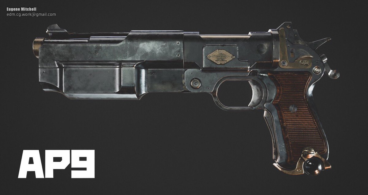 Jinn_Mitch's tweet photo. AP9 handcannon. Game ready 6.5k tris weapon. https://t.co/MI2l5MyOn0                                     #Maya #ZBrush #SubstancePainter #marmoset #Toolbag #weapon #Gamedev #lowpoly https://t.co/01C0jF3OM3