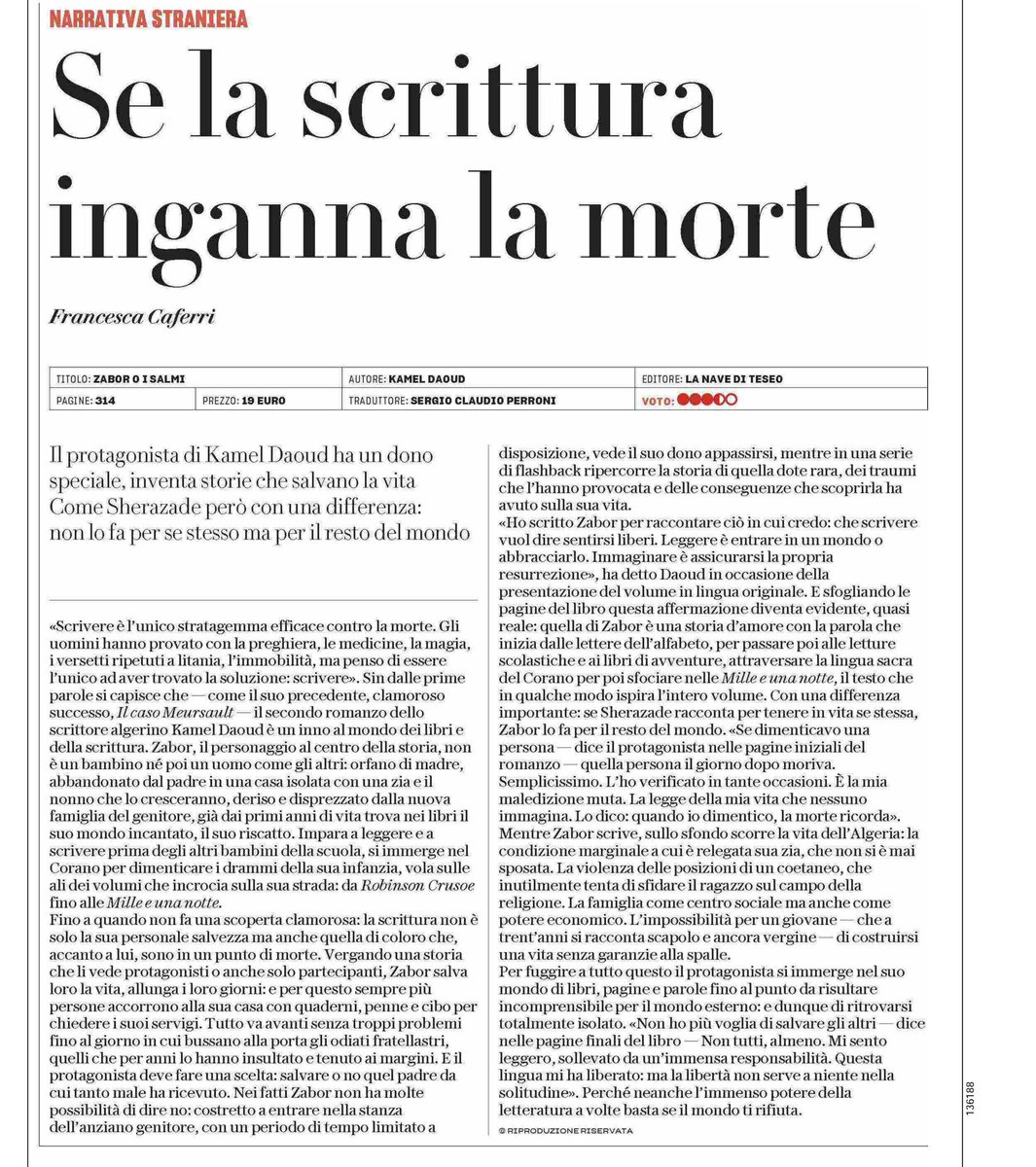 lanavediteseoed's tweet photo. "Scrivere è l'unico stratagemma efficace contro la morte."
Francesca Caferri ha scritto su @Robinson_Rep una bella recensione di "Zabor o I salmi" il nuovo romanzo di @daoud_kamel ospite al @SalonedelLibro
#SalTo19 #12maggio #Zabor #kameldaoud https://t.co/pS4siS4fvf