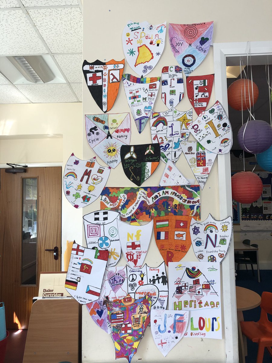 BurbidgeMiss's tweet photo. Had the most amazing week celebrating “Heritage Week” at my placement school. Year 5 made shields which represented them as individuals... so proud of how they turned out. It’s so lovely to celebrate such a variety of backgrounds and interests!🌈 #diversity #heritage https://t.co/X1KAjQmcpn