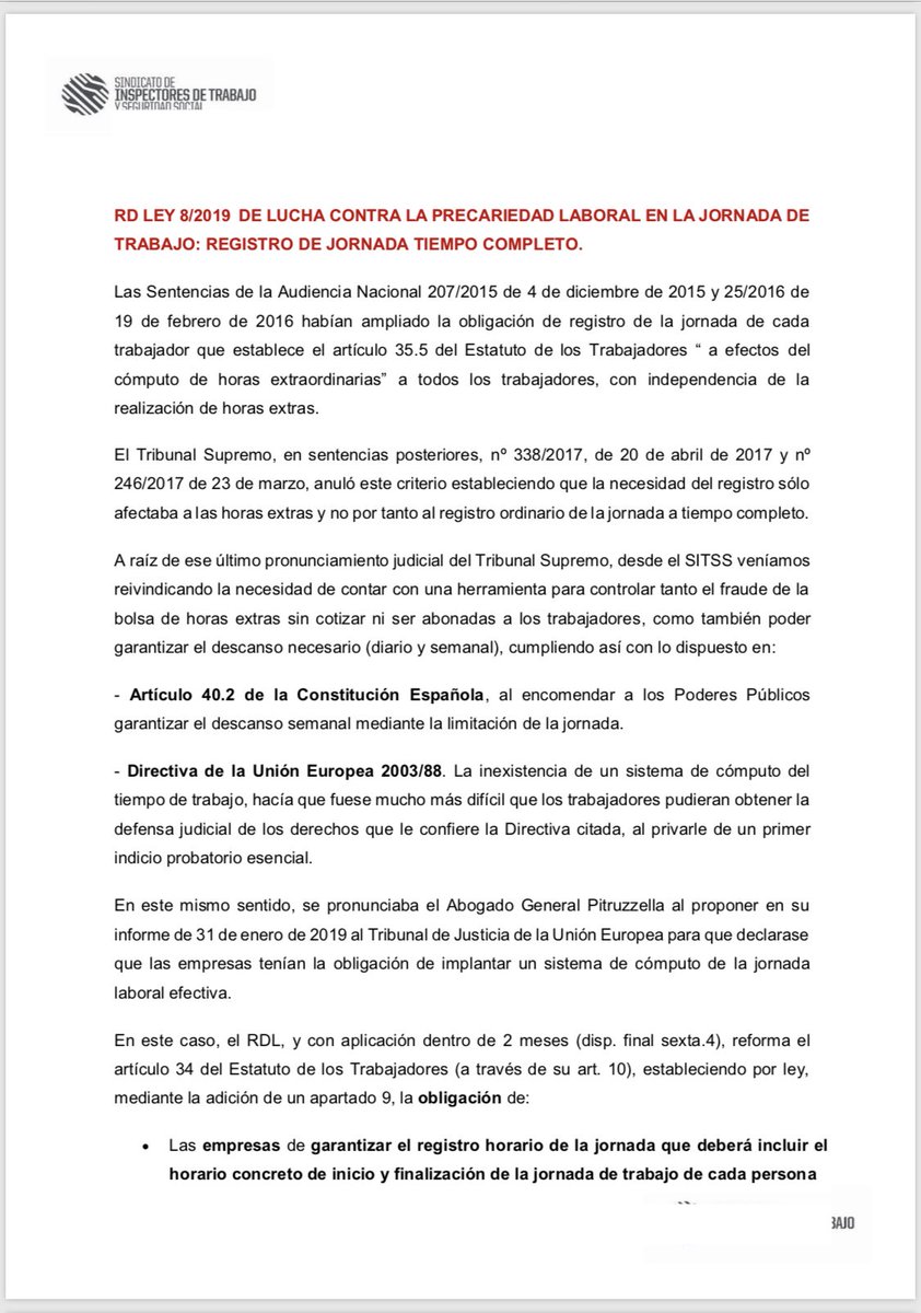 instrabajoyss's tweet photo. ⏰ Con motivo de la entrada en vigor del registro de jornada, os dejamos nota explicativa: obligaciones de los empresarios, derechos de los trabajadores, cómo ha de efectuarse el registro y la cuantía económica de la infracción. #registrojornada 
https://t.co/tCq8AsWdwa #itss https://t.co/DW3NiPPAMX