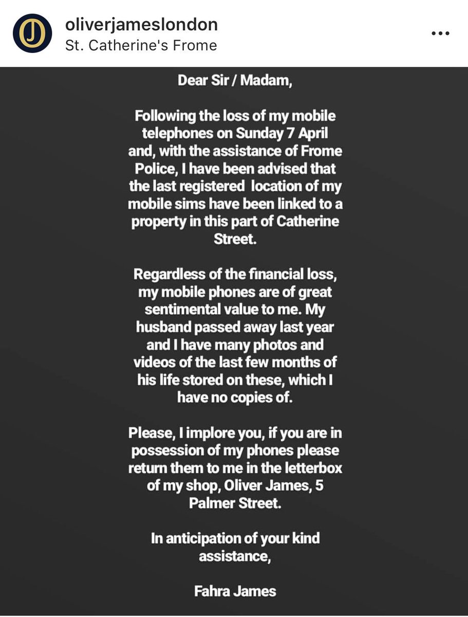 Please please please can we help by sharing this message to get Fahra’s phone back. 
It’s still showing as being in #Frome.  
If you have it, please post it back through the letter box of Oliver James shop. 

Thank you!!

<a href="/fromefm/">FromeFM</a> 
<a href="/frometimes/">Frome Times</a>
@welovefrome