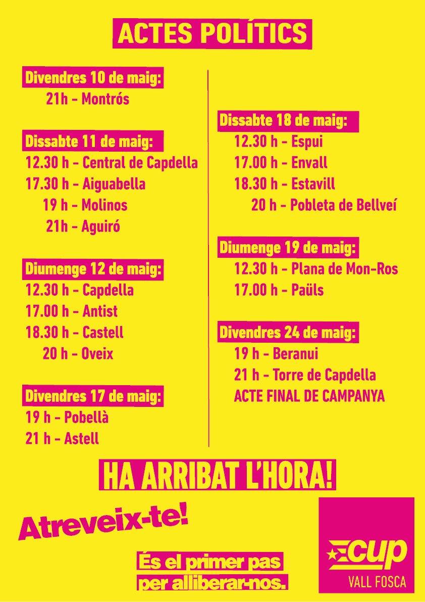 CUPVallFosca's tweet photo. Avui canviem l'horari de l'acte de Castell a petició de les veïnes. Seguim  el tour #AtreveixTe per la #VallFosca per fer arribar les nostres idees per fer pobles plens de vida. Avui ens tronbareu a #Castell #Capdella #Antist i #Oveix Som la gent valenta! #MunicipisValents #26M https://t.co/PGpy6JZcLe