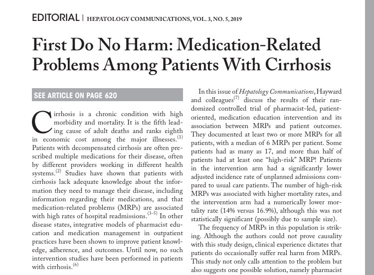 It takes a village

How pharmacists can help identify and resolve potentially serious medication-related problems in #cirrhosis 

Openaccess: ncbi.nlm.nih.gov/pmc/articles/P…. With Editorial by Aye &amp; Volk

Glad I work with THE @DrDrugExpert !