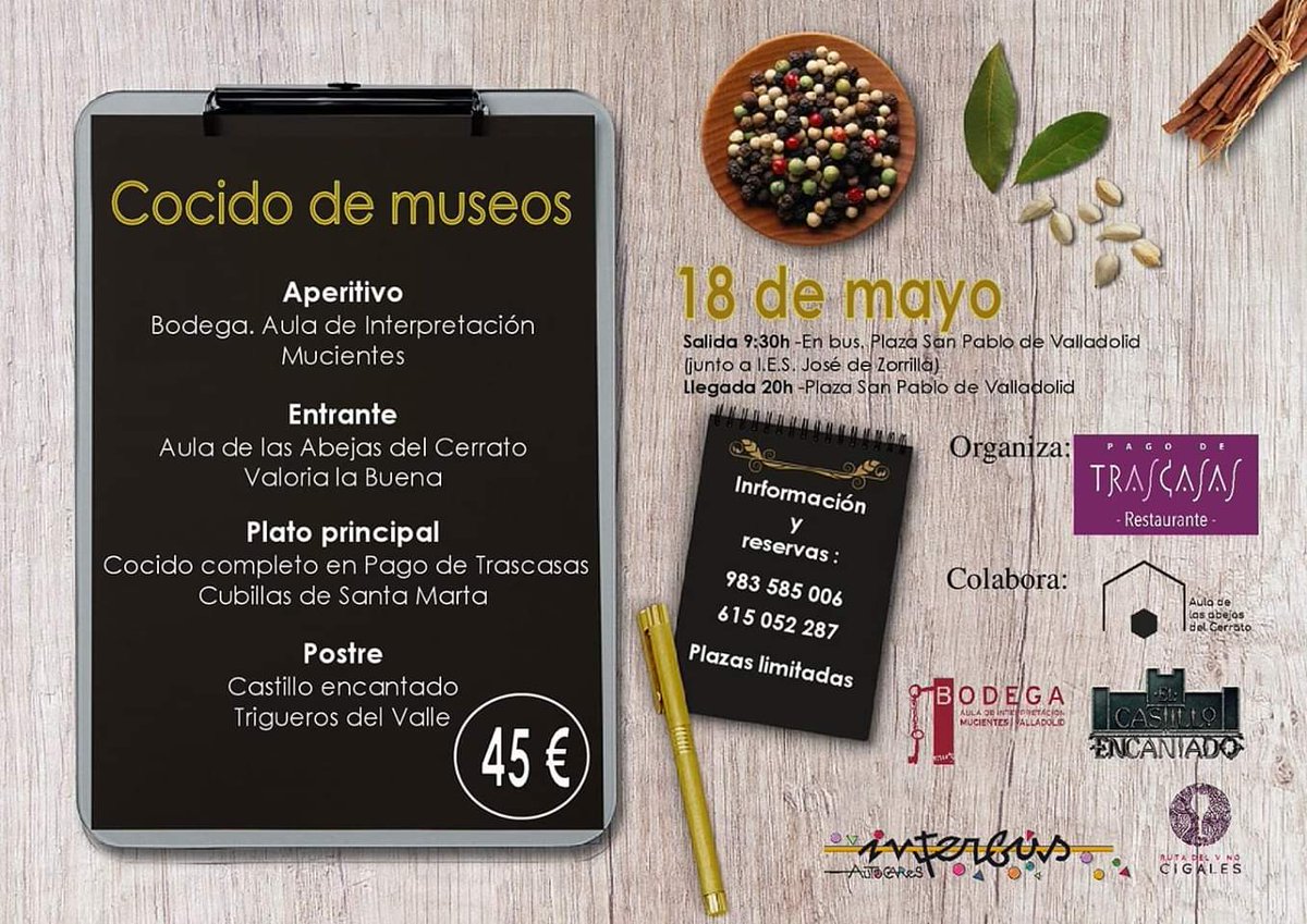 El sábado 18 de mayo es el #DíaInternacionaldelosMuseos, nosotros te proponemos celebralo conociendo @aulaabejas
@elcastilloenca1 y @bodegaaulamuz los #museos de la @RutaVinoCigales con @PagodeTrascasas y @AutocarInterbus 
Plazas limitadas
Necesaria inscripción