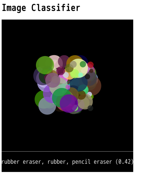 deconbatch's tweet image. p5.js で不特定の図形を描画し、それを ml5.js で画像認識させる。
「機械が自分で絵を書いて、それを自分で判定してタイトルをつける」という試み。🤖
#p5js #ml5js #creativecoding